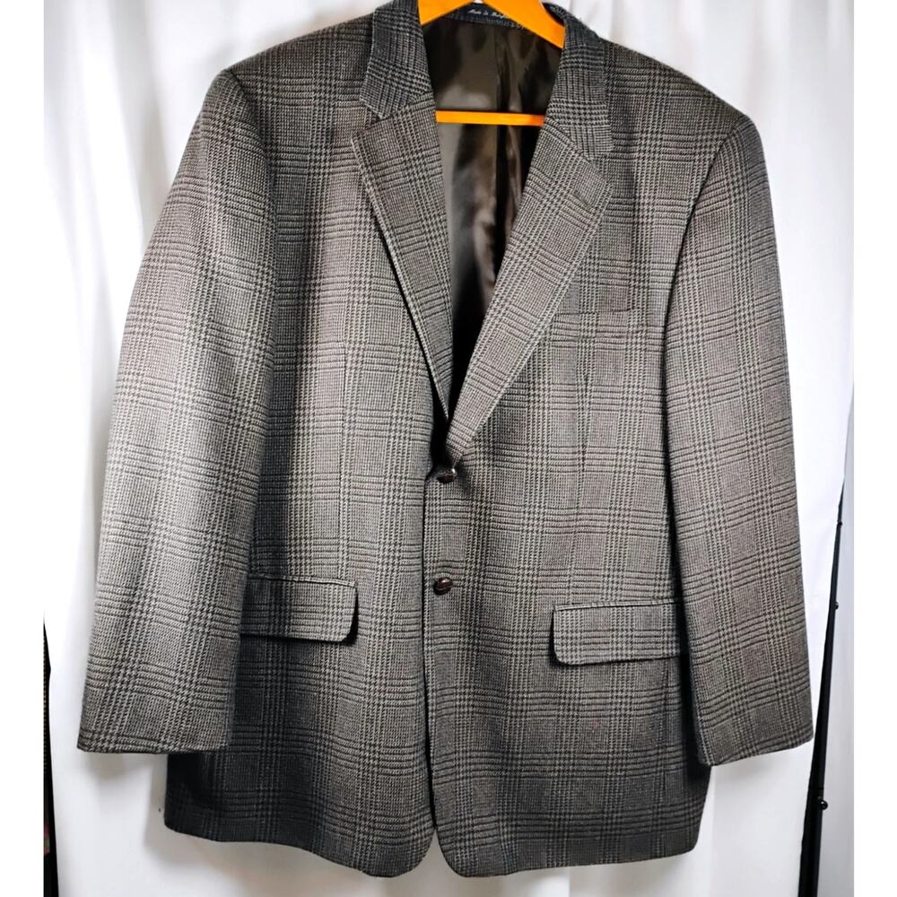 Savile Row Mens 46R Brown Plaid Wool Blazer Leather Buttons Preppy Heritage
